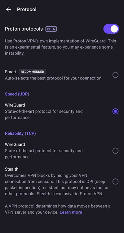 Choose Android VPN protocols, including Proton Protocols