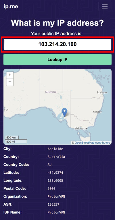 What is your IP address website showing the IP address of someone connected to a Proton VPN server in Australia