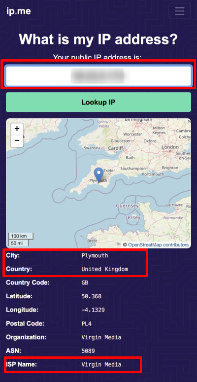The ip.me website showing your public IP address