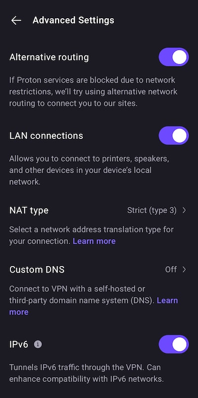 The advanced settings menu