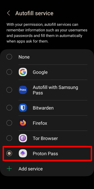 Select Proton Pass as your default autofill service