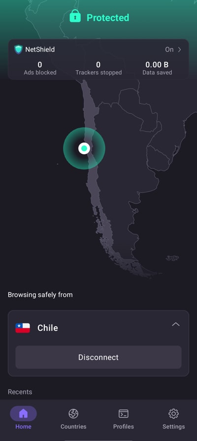 Screenshot of the mobile app connected to a server in Chile