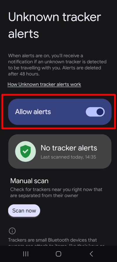 Enable Unknown tracker alerts on Android
