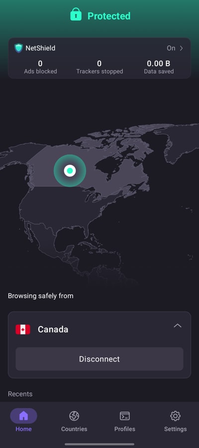 Screenshot of the Android app connected to a server in Canada