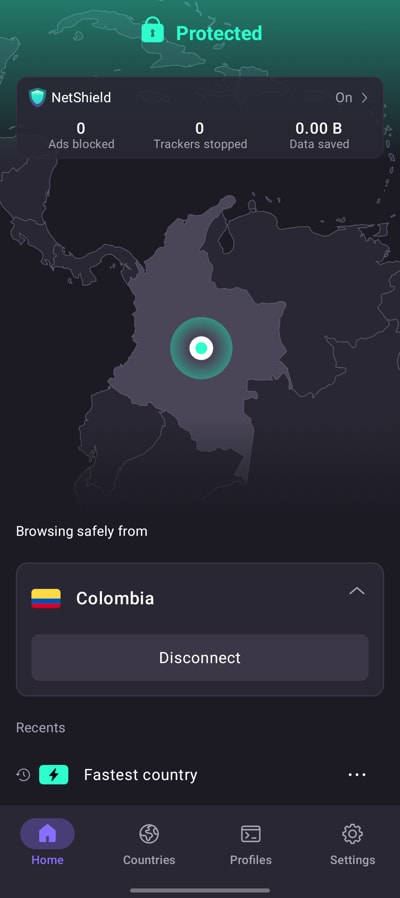 Connect to a Proton VPN server in Columbia on mobile