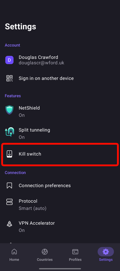 Find the kill switch setting