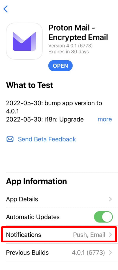 Shows button to switch on and off push and email notifications in TestFlight for Proton Mail.