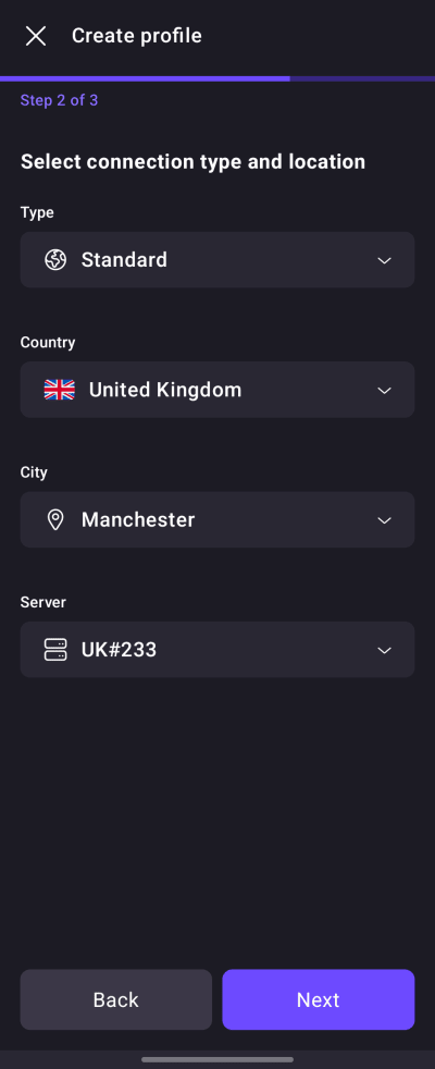 Select a country, city and server (as desired)