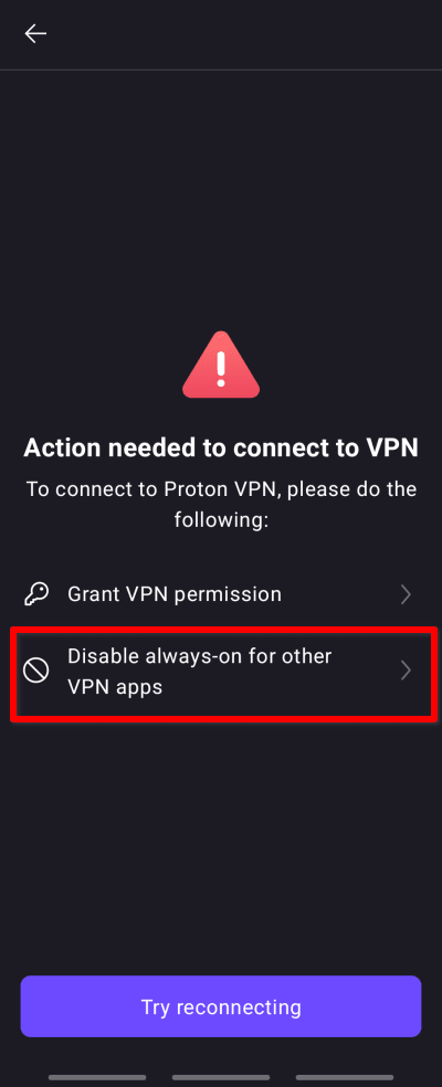 Tap Disable always-on for other VPN apps.