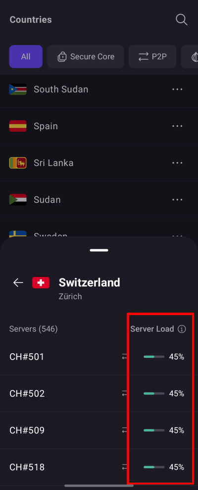 Screenshot showing how the Proton VPN Android app shows server load