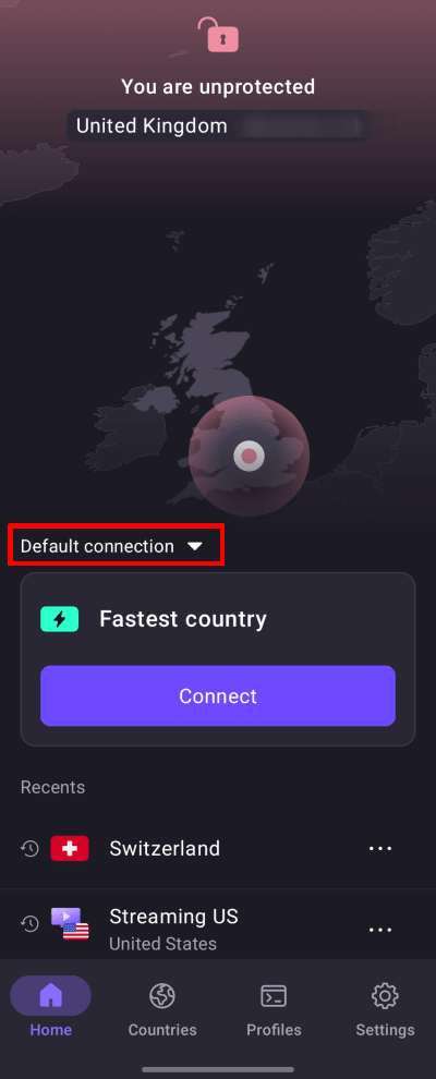 Tap Default coneection