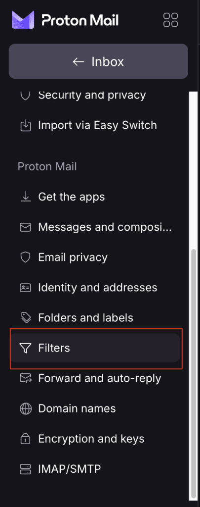 email filters tab