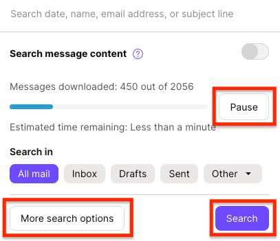 Pause and More search options buttons