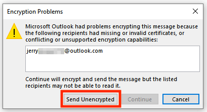 Opzione Invia Non Criptato per inviare un messaggio non crittografato a qualcuno che non ha configurato S/MIME