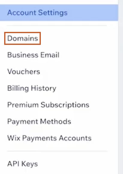 Wix account settings highlights "Domains"