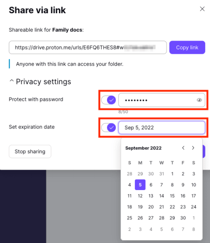 Proton Drive switches to protect with password and set an expiration date for your shareable link