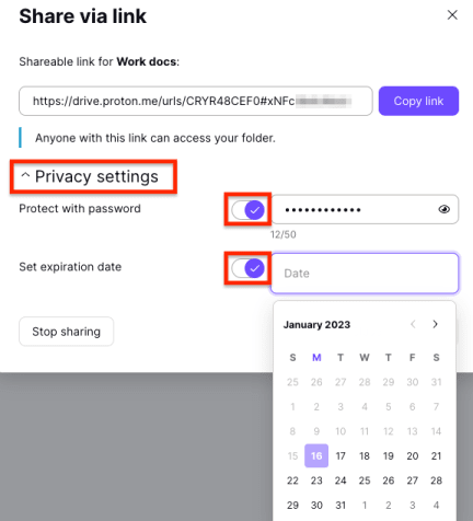 Protect with password and Set expiration date switches in Proton Drive