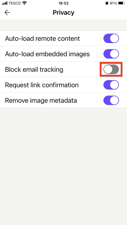 Block email tracking switch in iPhone and iPad