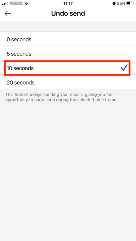 Menu to set timer duration for Undo send on iPhone