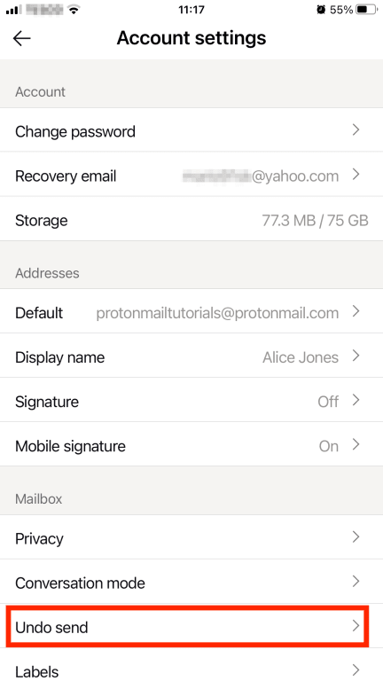 iPhone account settings with Undo send option