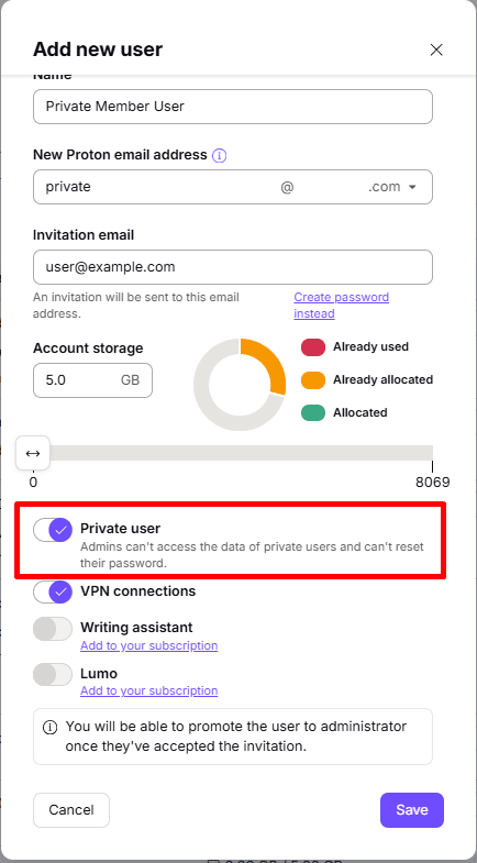 Create private user in a Proton Organization.