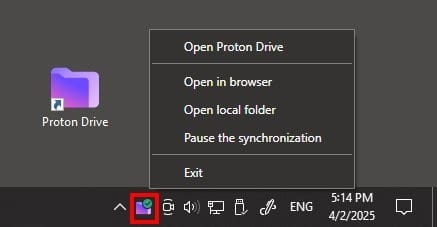 The Proton Drive system tray icon is highlighted, and its menu is opened