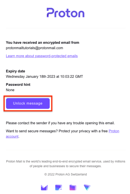 Unlock message button to read a Password-protected Email from Proton Mail