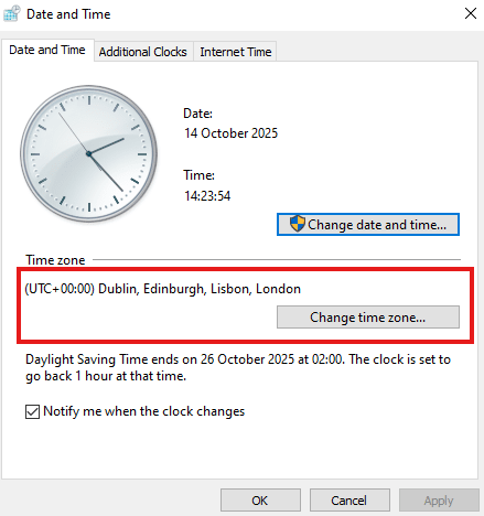 Update Windows system clock alternative method 1