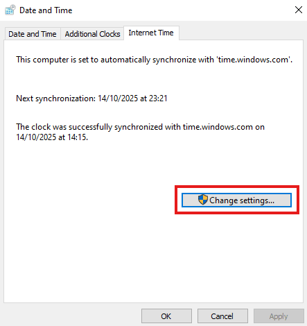 Update Windows system clock alternative method 2