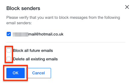 Block senders popup on the Yahoo Mail web app to choose Block all future emails and/or Delete all existing emails