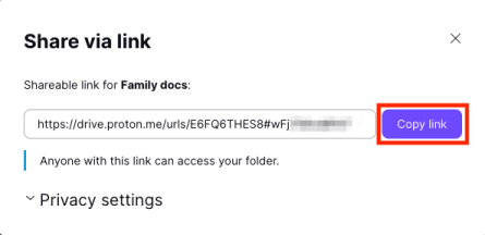 Proton Drive "copy link" button in the Share via link window