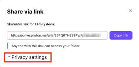 Proton Drive "privacy settings" button in the Share via link window.