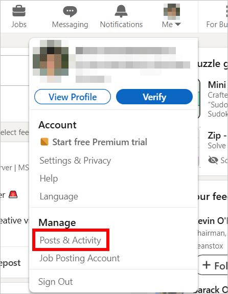 LinkedIn shows how to access the section for managing your posts and activity