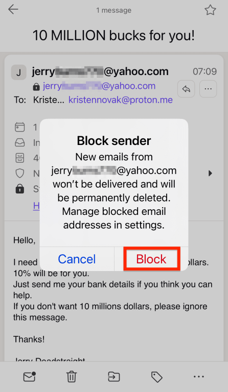 Block sender confirmation button on iPhone and iPad