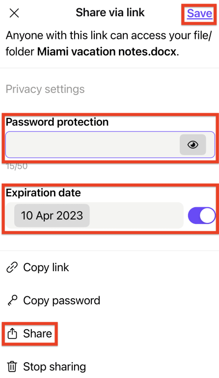 Campi per la protezione con password e la data di scadenza per la condivisione sicura di file di grandi dimensioni in Proton Drive