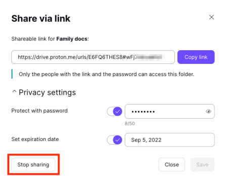 Stop sharing button to remove the shareable link