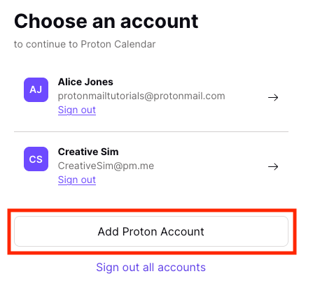 Add Proton Account button