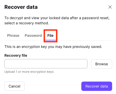 File tab showing where to upload your backup private encryption key