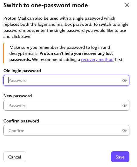 Box to enter your new password to switch to one-password mode