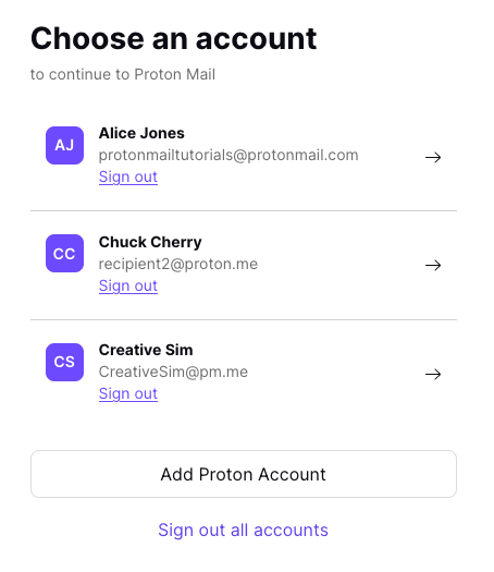 Choose an account — list of Proton Accounts you are signed in to