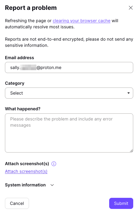 Report a problem option in the Get help menu