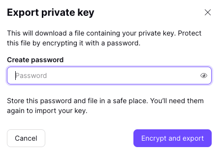 Box to enter password to export your private key