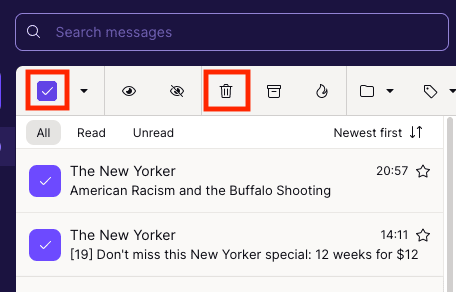 Check box to select all search results and trash icon to delete them