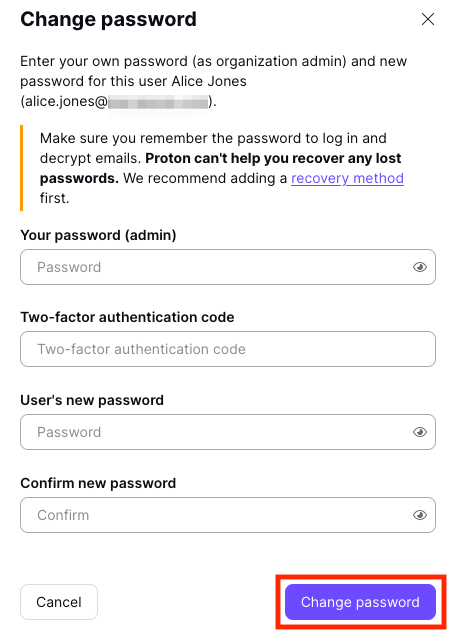 Change password box to enter a user's new password with a change password button to confirm the change