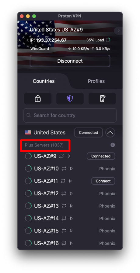 Plus servers in. the United States on macOS