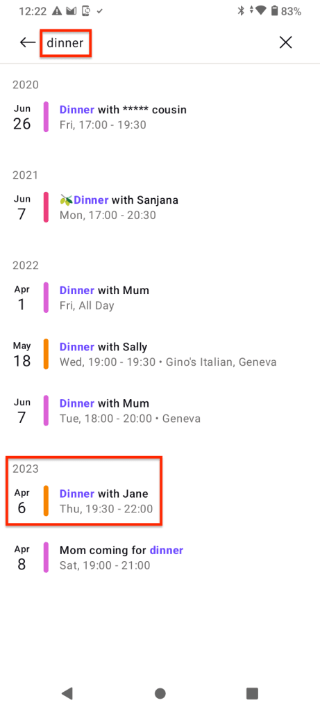 Example search: enter keyword "dinner" to find when you're having dinner with Jane