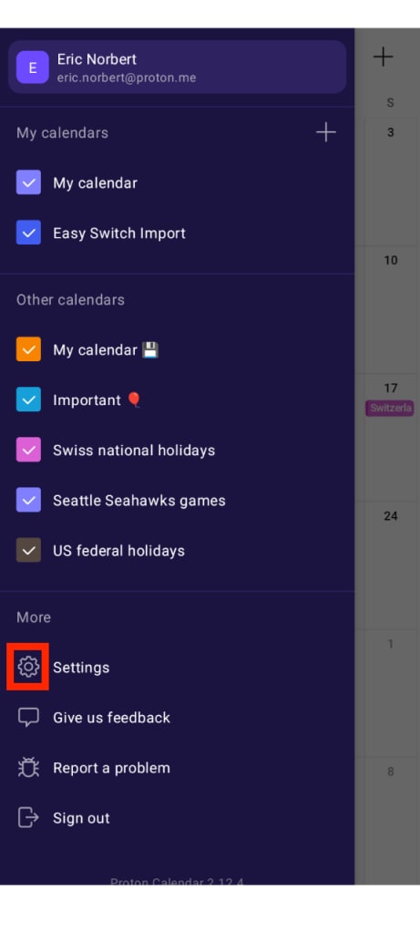 Settings icon in Proton Calendar for Android