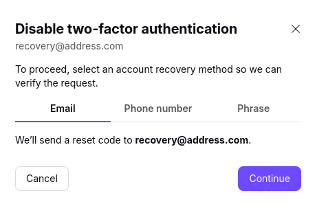 Select your preferred recovery method and click Continue