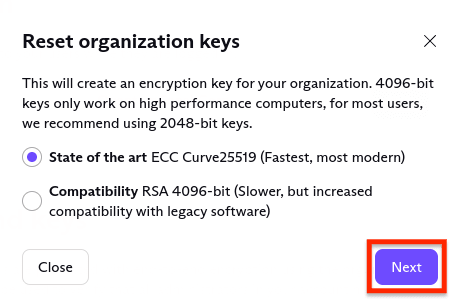 Choice of encryption schemes to reset your organization keys with Next button