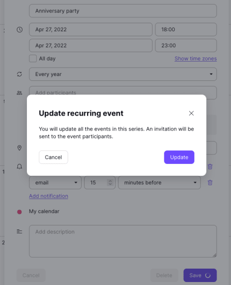 Update recurring event warning — you will update all the events in this series and an invitation will be sent to all participants